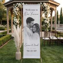 1pc Customized Wedding Welcome Sign, Personalized Photo, Text And Date Banner, Personalized Linen Wedding Welcome Sign, Customized Photo Banner, Couple Portrait Decor, Engagement Party Welcome Sign, Wedding, Birthday - Multicolor - View 3