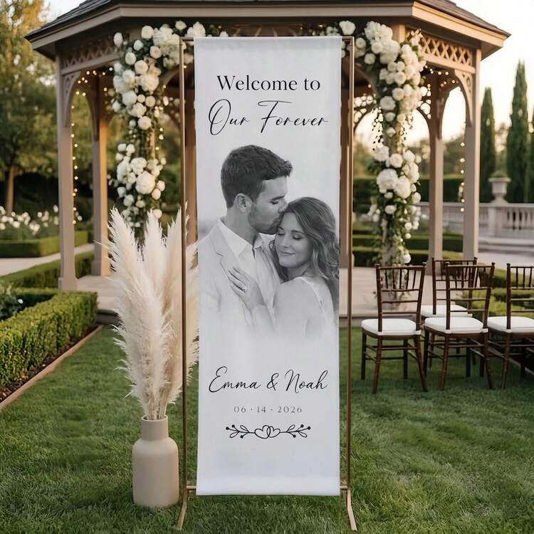 1pc Customized Wedding Welcome Sign, Personalized Photo, Text And Date Banner, Personalized Linen Wedding Welcome Sign, Customized Photo Banner, Couple Portrait Decor, Engagement Party Welcome Sign, Wedding, Birthday - Multicolor - View 3
