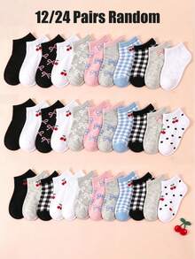 12/24 Pairs Random Style Ankle Socks For Baby, Cute Cherry Bow Pattern, Plaid Polka Dot Pattern, Baby Stuff, Baby Girl Essential, Girls Socks, Newborn - Multicolor - View 7
