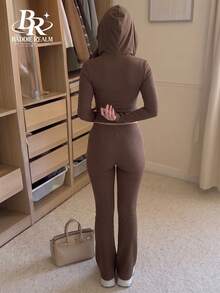 BADDIE REALM Women's 2pcs Set Front Zipper Elastic Daily Basic Zip-Up Hoodie And Flare Pants - Grey - View 6