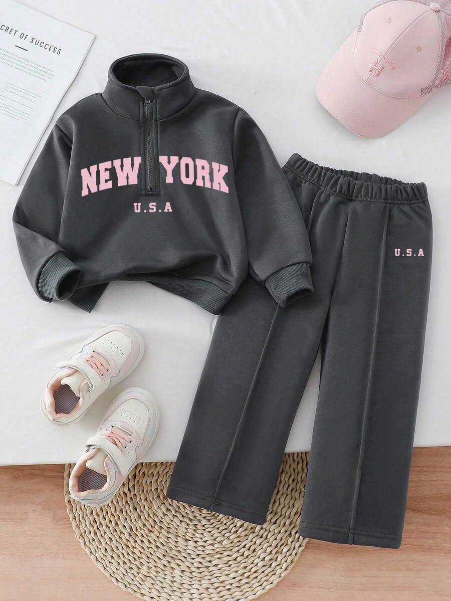 Young Girl Letter Print Stand Collar Long Sleeve Sweatshirt And Pants - Dark Grey - View 1
