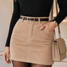 Women's Corduroy Mini Skirt With Elegant Belt High Waisted - 裸體 - 查看 1
