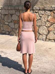 Solid Color All-Match Casual Versatile Sexy Camisole Top & Skirt Set Pink Elegant Summer - Pink - View 5