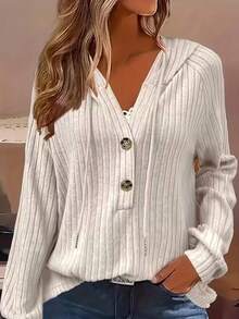 Women's Ribbed Knit Hooded Long Sleeve Top, Fashionable Autumn/Winter Casual Button-Up Shirt, Slightly Elastic Fabric - Apricot - View 4
