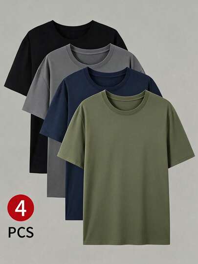 4pcs Men's Summer Solid Color Round Neck Casual Short Sleeve T-Shirt Set