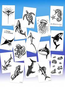 CAT QUEEN ART 15PCS Herbal Juice Semi-Permanent Hand-Painted Ocean Animal Tattoo Stickers, Turtle & Whale Pattern, Daily Party Holiday Gift, 14 Days No Fading, Non-Reflective Temporary Tattoo Stickers - Blue - View 5