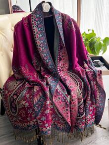 1pc Women's Cashew Nut Jacquard Fringed Scarf, Women's Muslim Headscarf, Soft And Lightweight Shawl, Elegant Headscarf For Daily Travel, Shawl - Multicolor - View 4