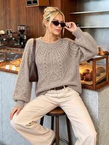 Nicenter Women's Fall Winter Casual Brown Fuzzy Cable Knit Drop Shoulder Crew Neck Long Sleeve Wool Blend Sweater, Cozy Simple For Office Daily Home Date - Camel - View 7