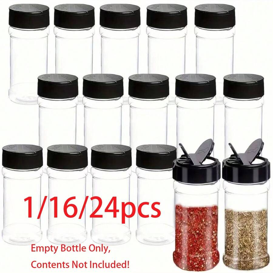1/16/24 buah Stoples Bumbu Plastik Bening 3,5 ons dengan Tutup Sekrup Hitam, Wadah Tertutup Anti Bocor untuk Bumbu, Rempah-rempah, Garam dan Merica, Dapat Digunakan Kembali, Tahan Lama dan Mudah Dibersihkan, Desain Transparan untuk Penyimpanan di Dapur, Restoran dan Perjalanan - Hitam - View 1