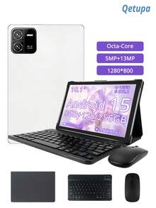 Qetupa 10.1-Inch Android 15 Tablet With Case, Keyboard, And Mouse, 8GB RAM + 128GB/256GB ROM, 1280x800 Touchscreen, 5MP Front Camera And 13MP Rear Camera, 6000mAh Battery (Adapter Not Included) - White - View 1