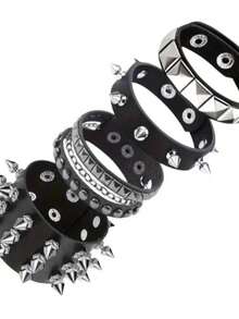 1/4pcs Punk Style Leather Rivet Bracelet Unisex 80s Gothic Spiked Wristband Set Rock Style Accessory - Black - View 5