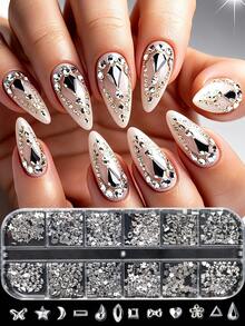 12 Grids Silvery Flatback Rhinestones Nail Charms Kit Butterfly Bow Flower Star Moon Heart Teardrop Square Rectangle Triangle Crystal Glass Gems 3D Silvery Nail Art Jewelry Decorations Accessories For Acrylic Nail Tips Manicure Nail Design Supplies - Silver - View 8