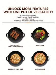1pc Korean Style Round Griddle Pan, Dual Handle Design, Even Heat Distribution, Suitable For Searing Steak, Pork Belly, Seafood, Making Fried Rice, Pasta. Ideal For Home Indoor Cooking And Outdoor Camping, Picnic, BBQ Party. - Black - View 10