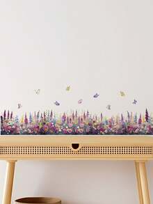 1pc Wildflower & Butterfly Romantic Purple Tone Wall Decor Sticker, Removable Room Wall Decal For Bedroom, Living Room, Entryway, Baseboard - 1PC - View 4