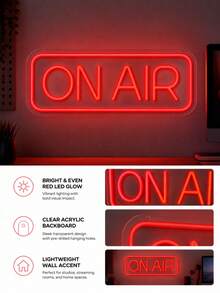 1件裝 ON AIR LED 霓虹燈牌附 USB 線，PS 板紅色霓虹燈，直播間裝飾，電競房牆面裝飾燈牌，工作室禮物 - 紅色 - 查看 6