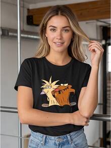 Vintage Cartoon Graphic Casual Short Sleeve T-Shirt For Ladies, Cute All Fashion Brothers Print Daily Spring Summer Top - 黑色 - 查看 2