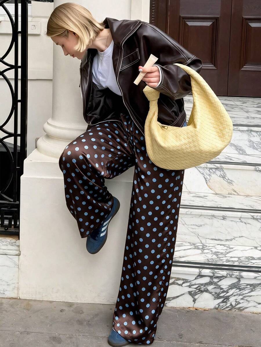 2026 New Vintage Relaxed Polka Dot Colorblock Wide Leg Pants Women Loose Comfortable Lightweight Casual Pants - Brown - View 1
