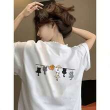 Japanese Style Women Summer Loose Street Cat Graphic Casual Cute Short Sleeve T-Shirt White - White - View 3