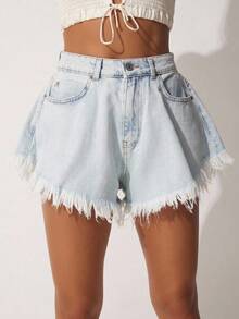 High Waist Washed Denim Pleated Frayed Hem Shorts - Baby Blue - View 1