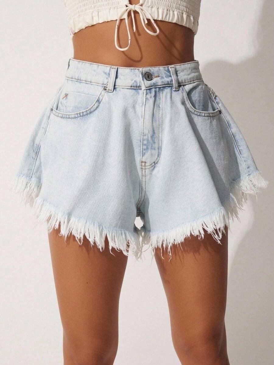 High Waist Washed Denim Pleated Frayed Hem Shorts - Baby Blue - View 1