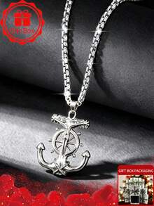 1pc Vintage Nautical Anchor Cross Pendant Necklace, Unisex, High-Quality 304 Stainless Steel Chain, Retro Pirate Ship Wheel Cross Necklace, Neutral Punk Hip Hop Sailor Jewelry, Fade-Resistant Waterproof Beach Accessory Gift - Silver - View 1