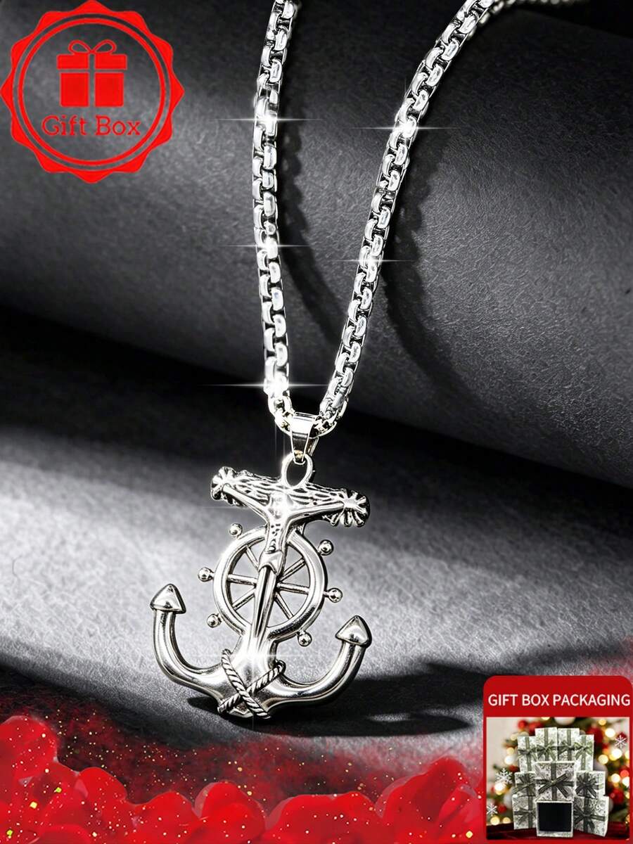 1pc Vintage Nautical Anchor Cross Pendant Necklace, Unisex, High-Quality 304 Stainless Steel Chain, Retro Pirate Ship Wheel Cross Necklace, Neutral Punk Hip Hop Sailor Jewelry, Fade-Resistant Waterproof Beach Accessory Gift - Silver - View 1