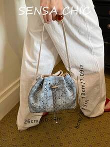 Bolso cubo azul claro con cuadrícula y strass, cordón, cadena y correa de hombro de PU para mujer, uso diario, citas, compras, almacenamiento de teléfono, lápiz labial y llaves - Azul - Ver 4