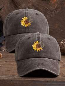 1pc Unisex Outdoor Casual Adjustable Sunflower Printed Baseball Cap - Coffee Brown - View 6