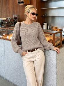 Nicenter Women's Fall Winter Casual Brown Fuzzy Cable Knit Drop Shoulder Crew Neck Long Sleeve Wool Blend Sweater, Cozy Simple For Office Daily Home Date - Camel - View 8