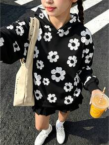Girls Casual Digital Floral Print Pullover Sweatshirt, Soft & Comfortable Long Sleeve Pullover Sweatshirt, Autumn/Winter Street Style For Daily Wear And Travel - Multicolor - View 3