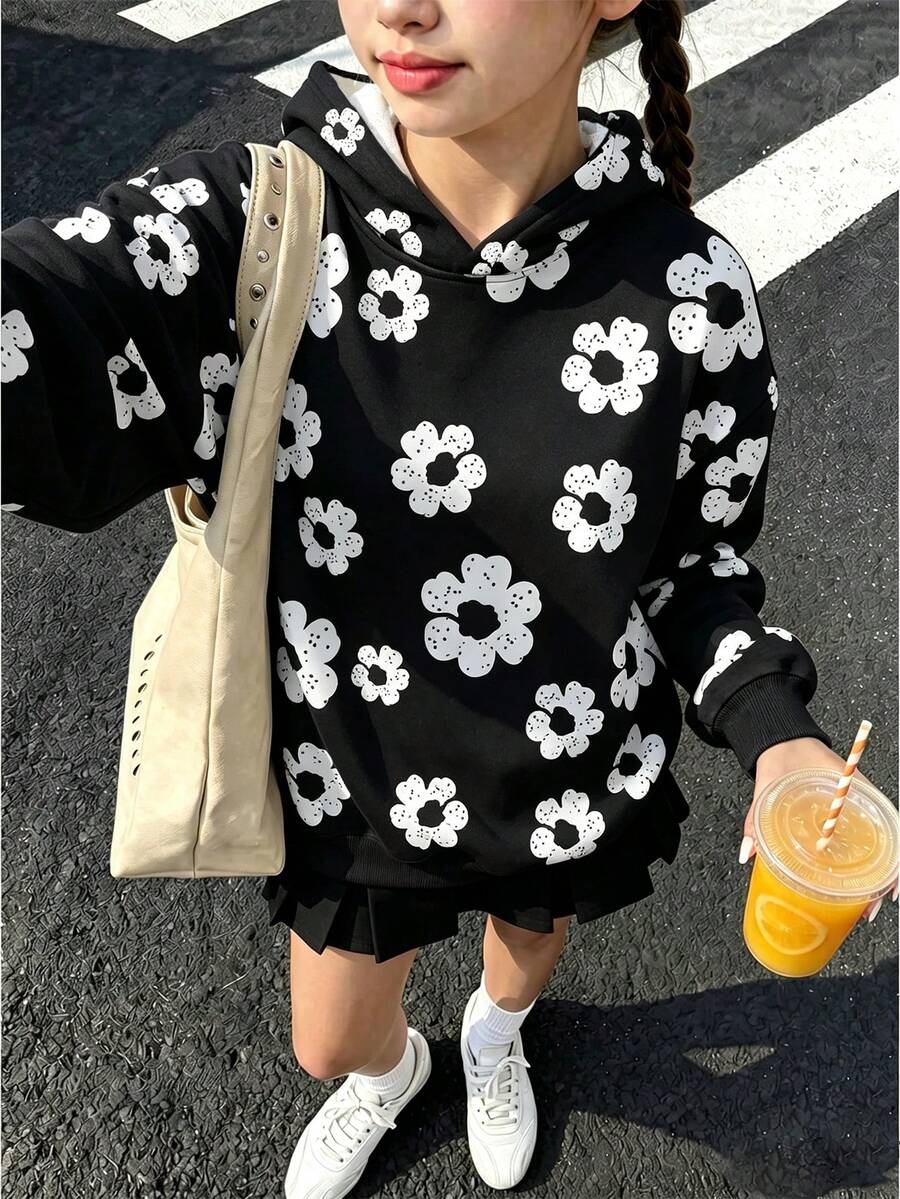 女童休閒數位花卉印花套頭運動衫,柔軟舒適長袖套頭運動衫,秋冬街頭風,適合日常穿著與旅行 - 彩色 - 查看 1