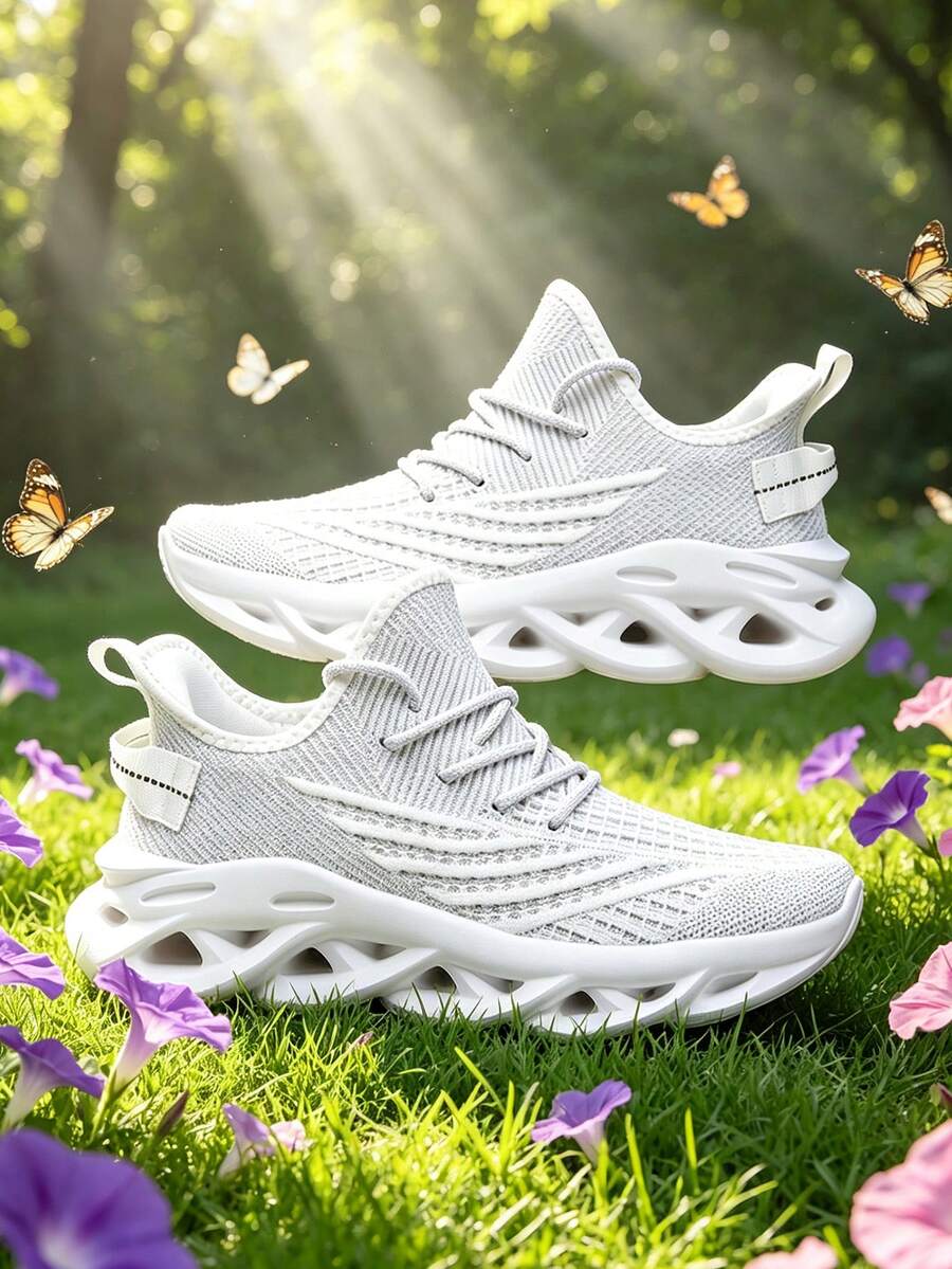 1 Pair White Lightweight Breathable Mesh Sock Shoes With Hollow Blade Sole, Casual Versatile - White - View 1