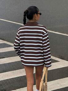 Women's Casual Striped Button-Down Drop Shoulder T-Shirt, Autumn Brown Long Sleeve Aesthetic Blouse - Brown - View 5