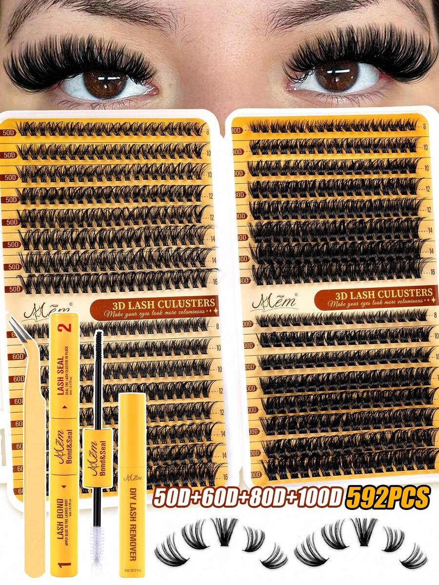 MEM 640/592pcs D-Curl Reusable Fluffy Cluster False Eyelashes, Large Capacity Beginner Set With Tutorial And Full Tool Kit, Portable DIY Set For Beginners To Create Voluminous Eye Makeup At Home