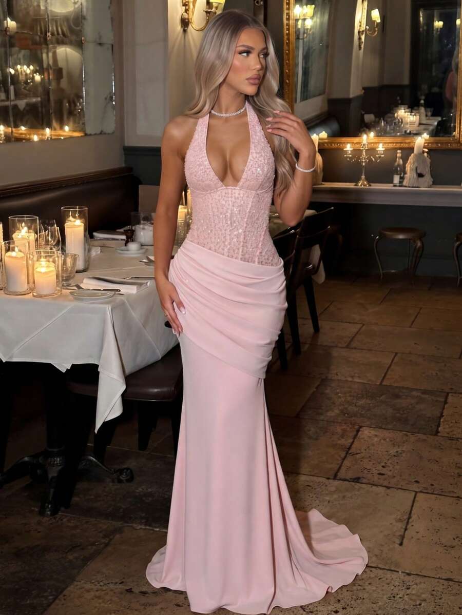 Sleeveless Solid Color Sexy Zipper Asymmetric/Asymmetrical Backless Party Wedding Dress - Pink - View 1