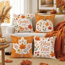 Herbst Minimalistischer Kürbis Ahornblatt Pflanze Frucht Kissenbezug 4er Set, einseitig Muster Pfirsichhaut Samt Polyester Material, 45*45CM/18*18 Zoll Kissenbezug geeignet für Raumdekoration, moderne minimalistische Sofa Wohnzimmer Dekoration, Geschenk, Partydekoration - Verschiedenfarbig - Übersicht 10