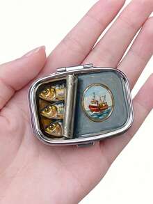 1pc Classic Open Sea Fish Pattern Fishing Boat Square Pill Box, Traditional Nautical Realistic Style, 2-Compartment Portable Storage Box For Bag Accessories And Supplements, Outdoor Portable Pill Box - Multicolor - View 7