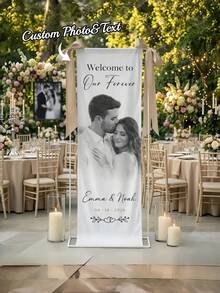 1pc Customized Wedding Welcome Sign, Personalized Photo, Text And Date Banner, Personalized Linen Wedding Welcome Sign, Customized Photo Banner, Couple Portrait Decor, Engagement Party Welcome Sign, Wedding, Birthday - Multicolor - View 2