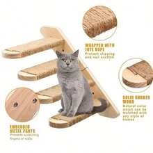 1pc Solid Wood Cat Climbing Ladder Jumping Platform Wall-Mounted Multi-Layer Sisal Rope Cat Tree DIY Wall-Hanging Cat Climbing Tower - Apricot - View 6
