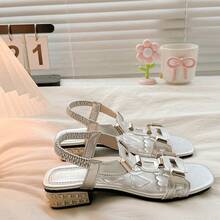 Summer New Rhinestone Flower High Heel Sandals For Women, Fashionable French Style Chunky Heel Shoes To Match Skirts - Silver - View 6