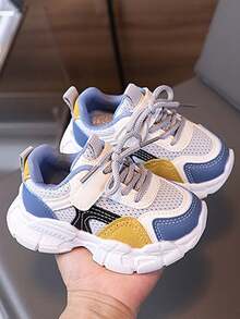 1 Pair Kids' Colorblock Mesh Chunky Sneakers, Spring/Autumn Hook And Loop Breathable Thick Sole Soft Bottom Casual Sports Sneakers For Boys And Girls - Blue - View 6