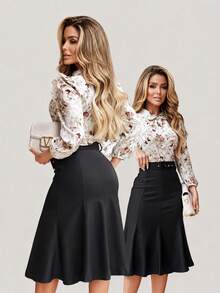 Women's Elegant Solid Color High Waist Commuter Mermaid Hem Skirt - Black - View 4
