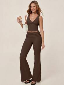 TimeOff 1 Conjunto de Mujer de unicolor con Camiseta sin Espalda con Cuello en V Desmontable con Acolchado y Pantalones Acampanados para Deporte - Marrón - Ver 9