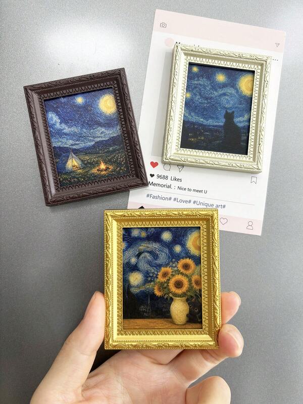 Starry Night Painting Frame Fridge Magnet, Vintage Mini Art Refrigerator Magnet, Aesthetic Home Decor Gift