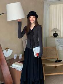 女款波點拼接蝴蝶結長袖修身T恤上衣，小眾設計，秋季 - 灰色 - 查看 4