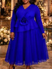 Plus Size Women's Blue Asymmetric V-Neck Ruffle Trim Floral Chiffon Dress, A-Line Chiffon Skirt, Suitable For Party And Wedding Wear, Autumn - 藍色 - 查看 1
