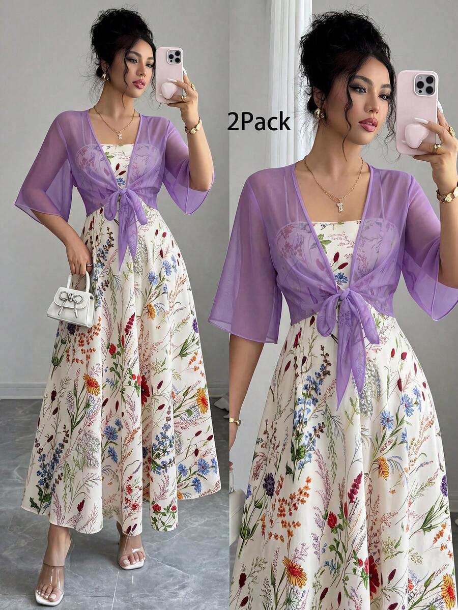 Set Gaun dan Kardigan Chiffon Motif Bunga Kecil Elegan untuk Wanita, Busana Liburan Romantis Musim Semi - MultiWarna - View 1
