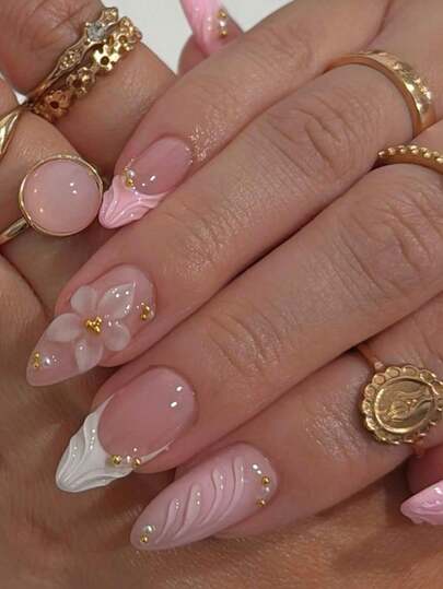 [Presente do Dia dos Namorados] 12 Peças Unhas Postiças Estilo Y2K Brancas com Flor 3D, Unhas Francesas Amêndoas Rosas Feitas à Mão, Base Rosa Transparente, Decoração de Flor 3D com Contas Douradas, Delicadas e Doces