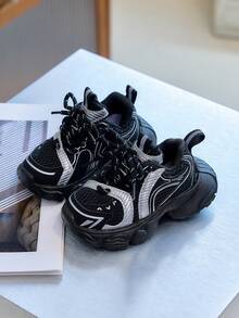 Black & Silver Tech-Style Kids' Shoes, Spring/Autumn Mesh Breathable Lightweight Thick Sole Baby Running Outdoor Versatile Chunky Sneakers - Black - View 3
