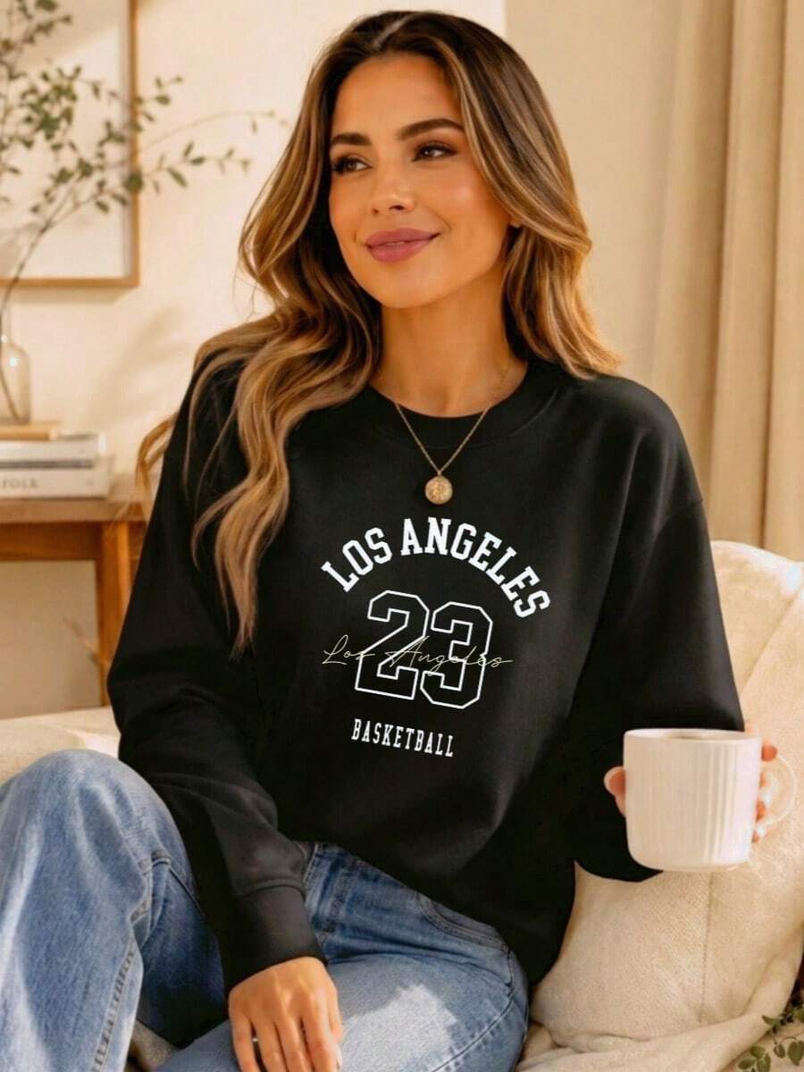 Moletom Careca Feminino Estampado "Los Angeles 23" - Envio Imediato - Preto - Visão 1